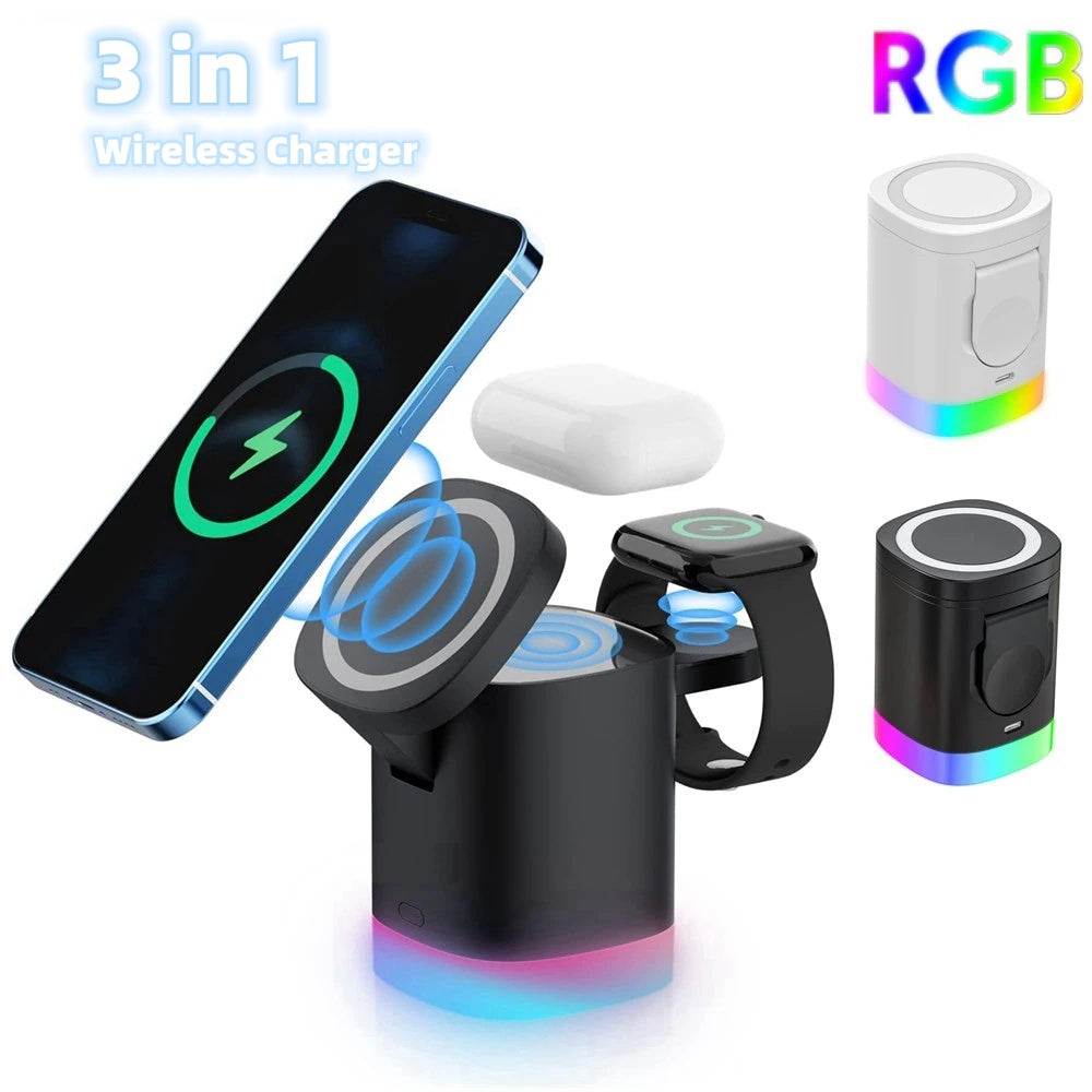 3‑in‑1 Cube Magnetic Wireless Charger | Fast Charging Station for iPhone, AirPods & Apple Watch with Smart Breathing Light
