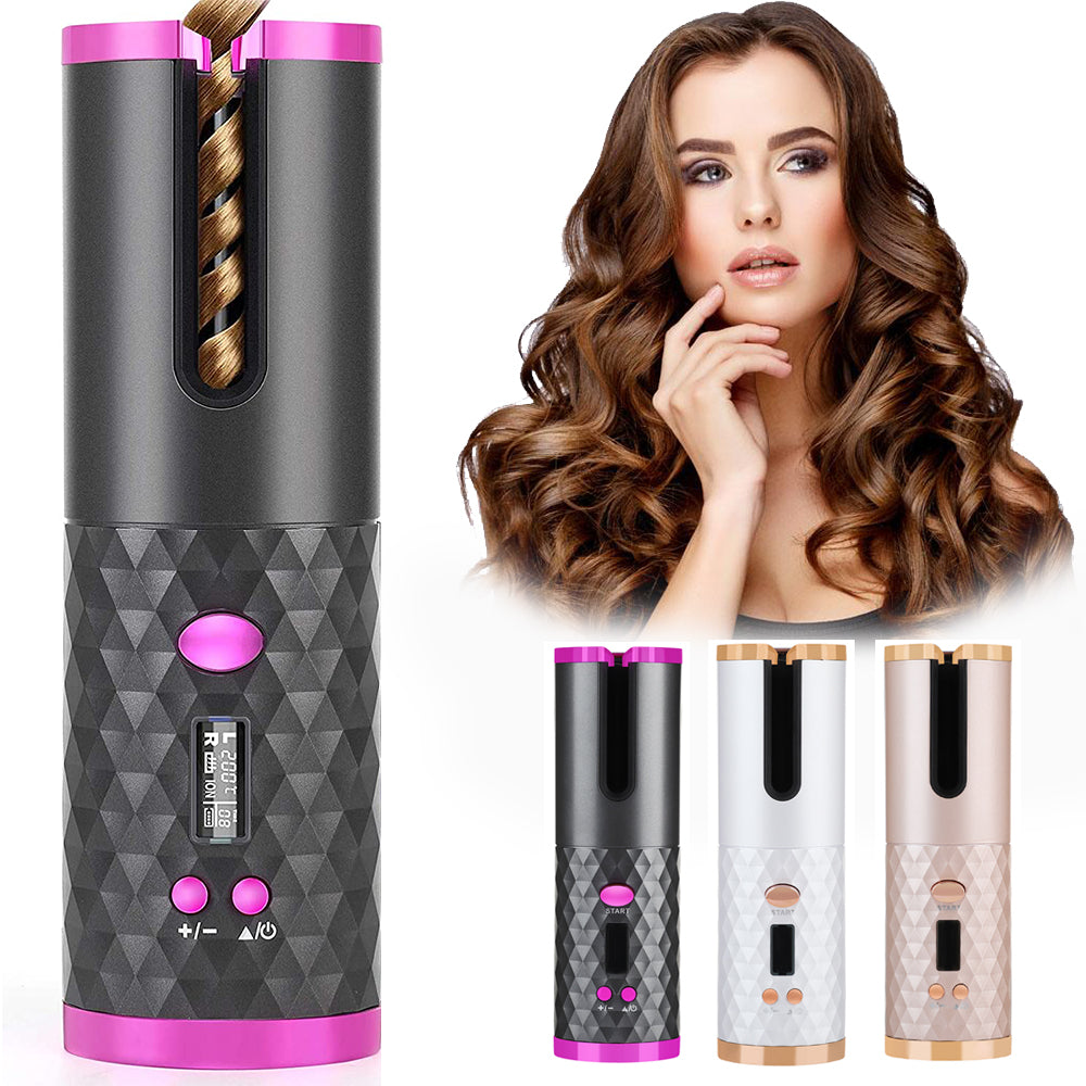 Rechargeable Automatic Hair Curler – Portable Cordless Ceramic Rotating Hair Styling Tool with LCD Display