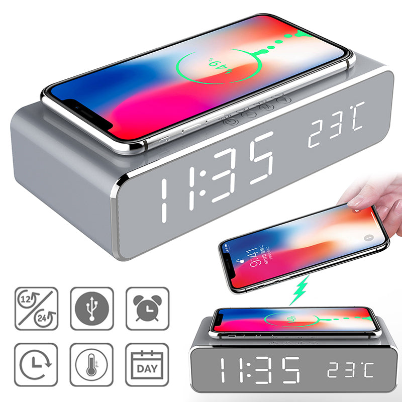 LED Electric Alarm Clock with Wireless Charger – Desktop Digital Mirror Clock with Thermometer & HD Display