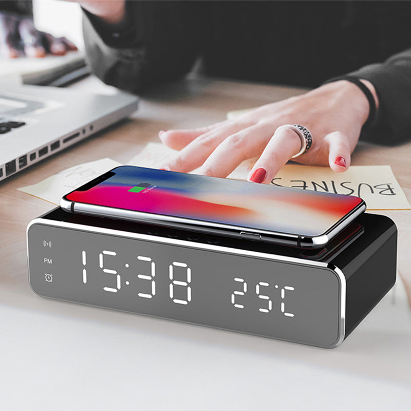 LED Electric Alarm Clock with Wireless Charger – Desktop Digital Mirror Clock with Thermometer & HD Display